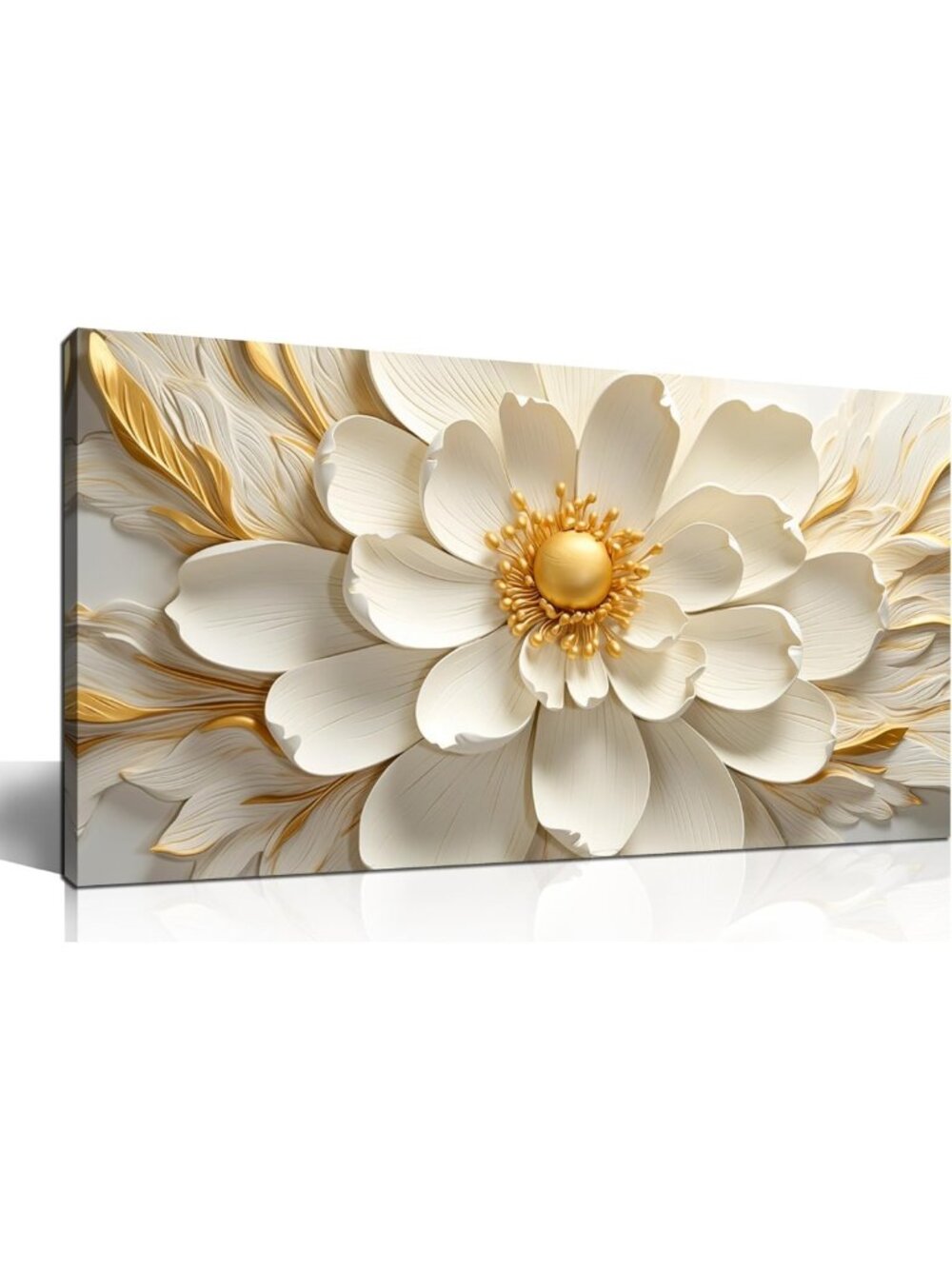 Large White Floral Canvas Art - Gold Flower Modern Wall Decor 20x40 Inches